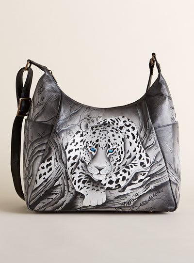 Snow Leopard Hand-painted Leather Hobo Bag