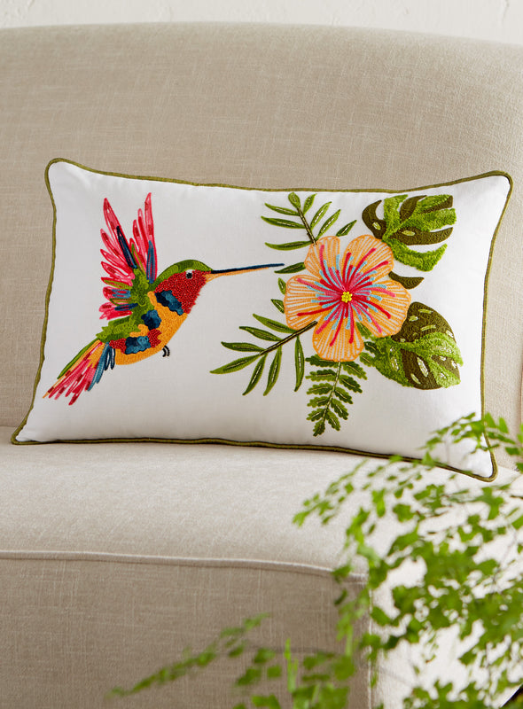 Embroidered Hummingbird Throw Pillow