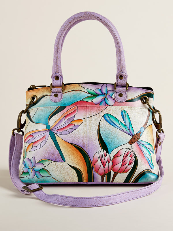 Stained Glass Dragonfly Hand-painted Leather Satchel