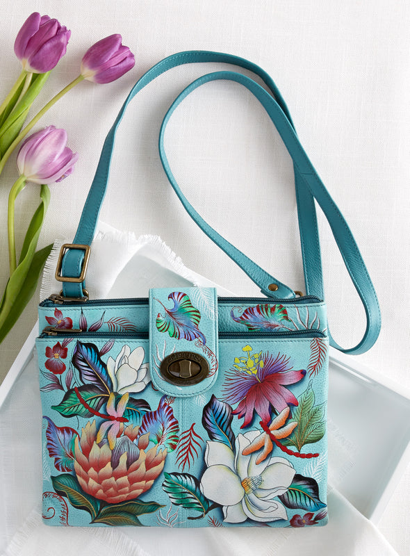 Dragonfly Blues Hand-painted Leather Crossbody Organizer Bag