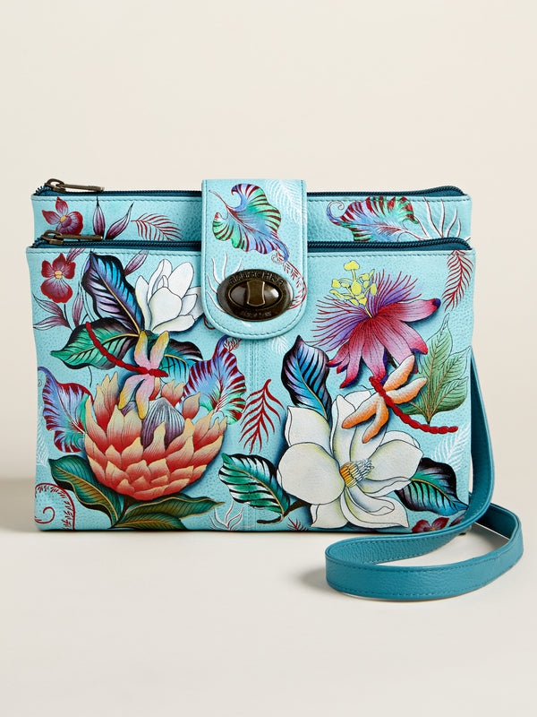 Dragonfly Blues Hand-painted Leather Crossbody Organizer Bag