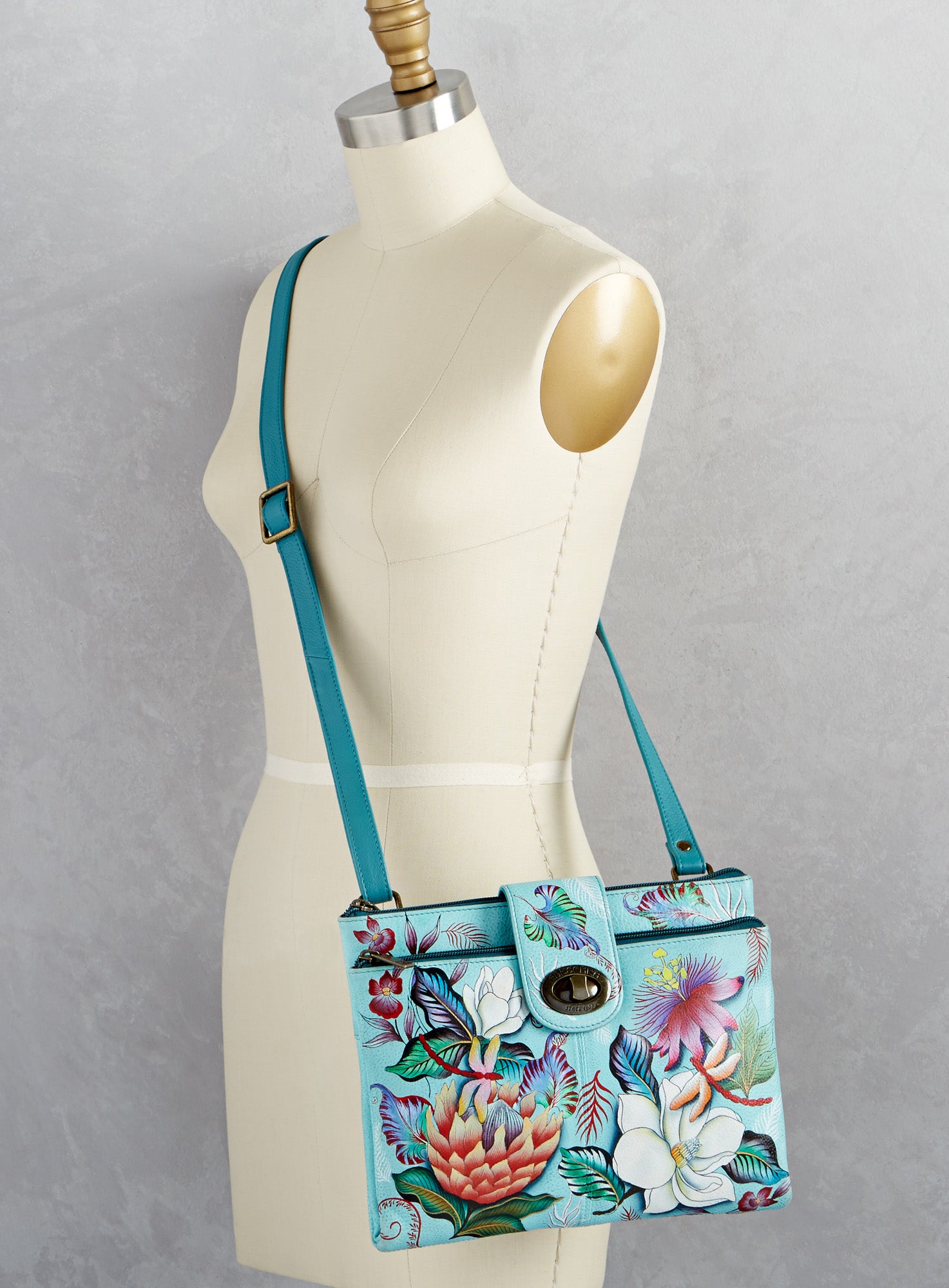 Dragonfly Blues Hand painted Leather Crossbody Organizer Bag