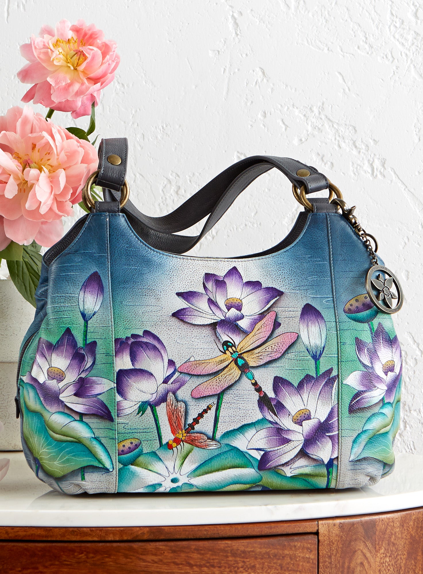 Dragonfly and Lotus Hand Painted Leather Hobo Bag FINAL SALE No