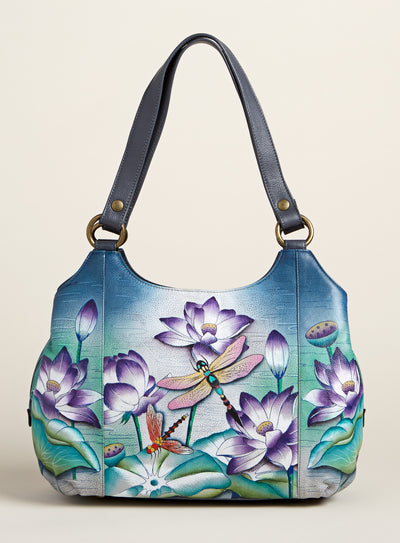 Dragonfly and Lotus Hand-Painted Leather Hobo Bag FINAL SALE (No Returns)
