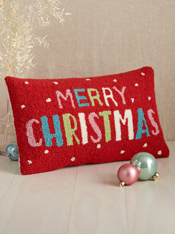 Merry Christmas Hooked Wool Pillow