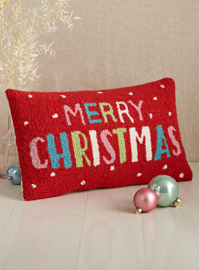 Merry Christmas Hooked Wool Pillow
