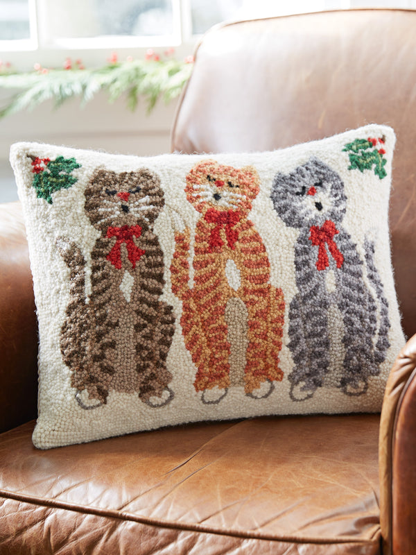 Caroling Cats Hooked Wool Pillow