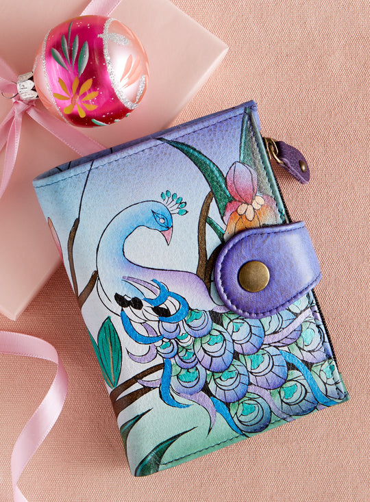 Purple Peacock Hand-Painted Leather Wallet