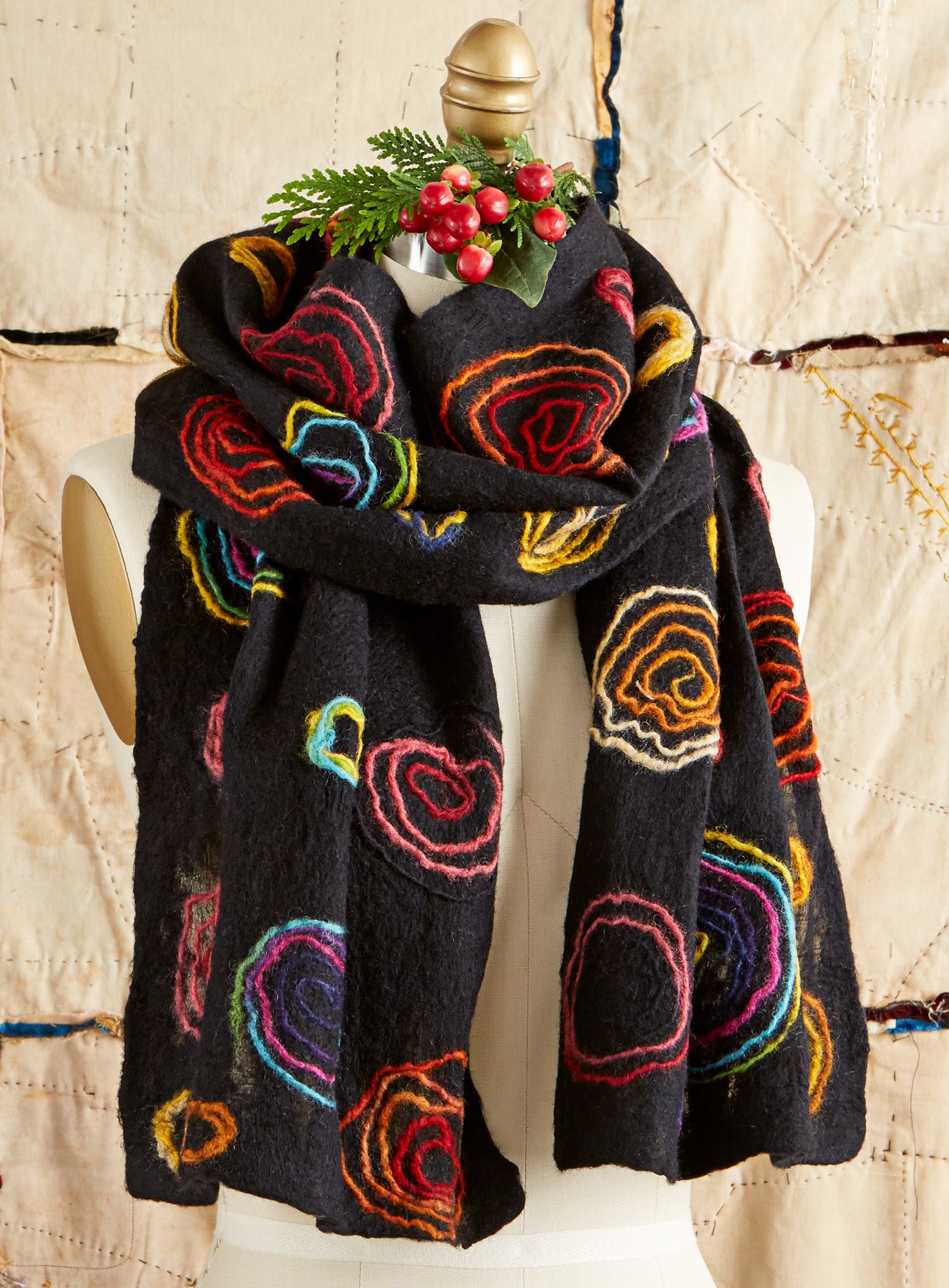 Hanging felt scarf made of merino wool and silk, felt scarf, exclusive felt factory design