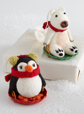 Sledding Penguin and Polar Bear Ornaments - Set of Both