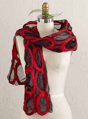 Floating Felt-on-Silk Scarf - Red Circles