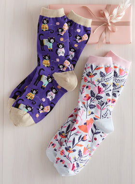 Cutest Crew Socks - Kittens In Cardigans and Flower Garden - Set of Both