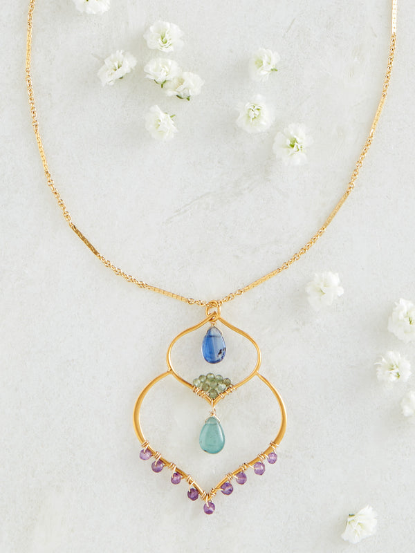 Nested Lotus Gemstone Necklace - Cool Colors