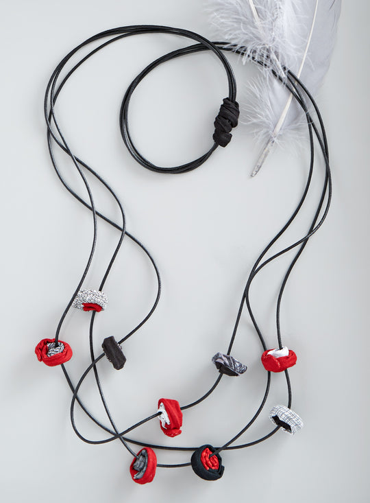 Pinwheel Triple Strand Necklace - Red and Gray