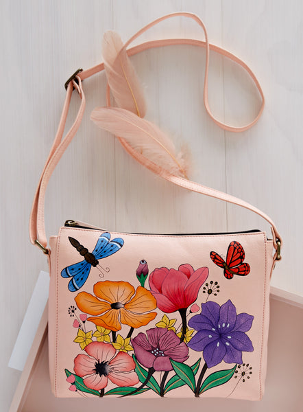 Bag | Hibiscus Hand-Painted Leather Crossbody Bag | Petalura